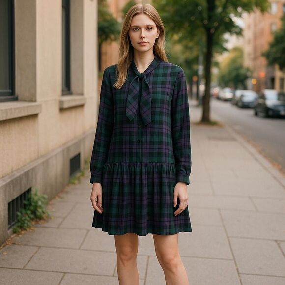 Zara Women’s Long Sleeve Plaid Style Dress In Purple Green And Black Size Medium - Picture 1 of 7